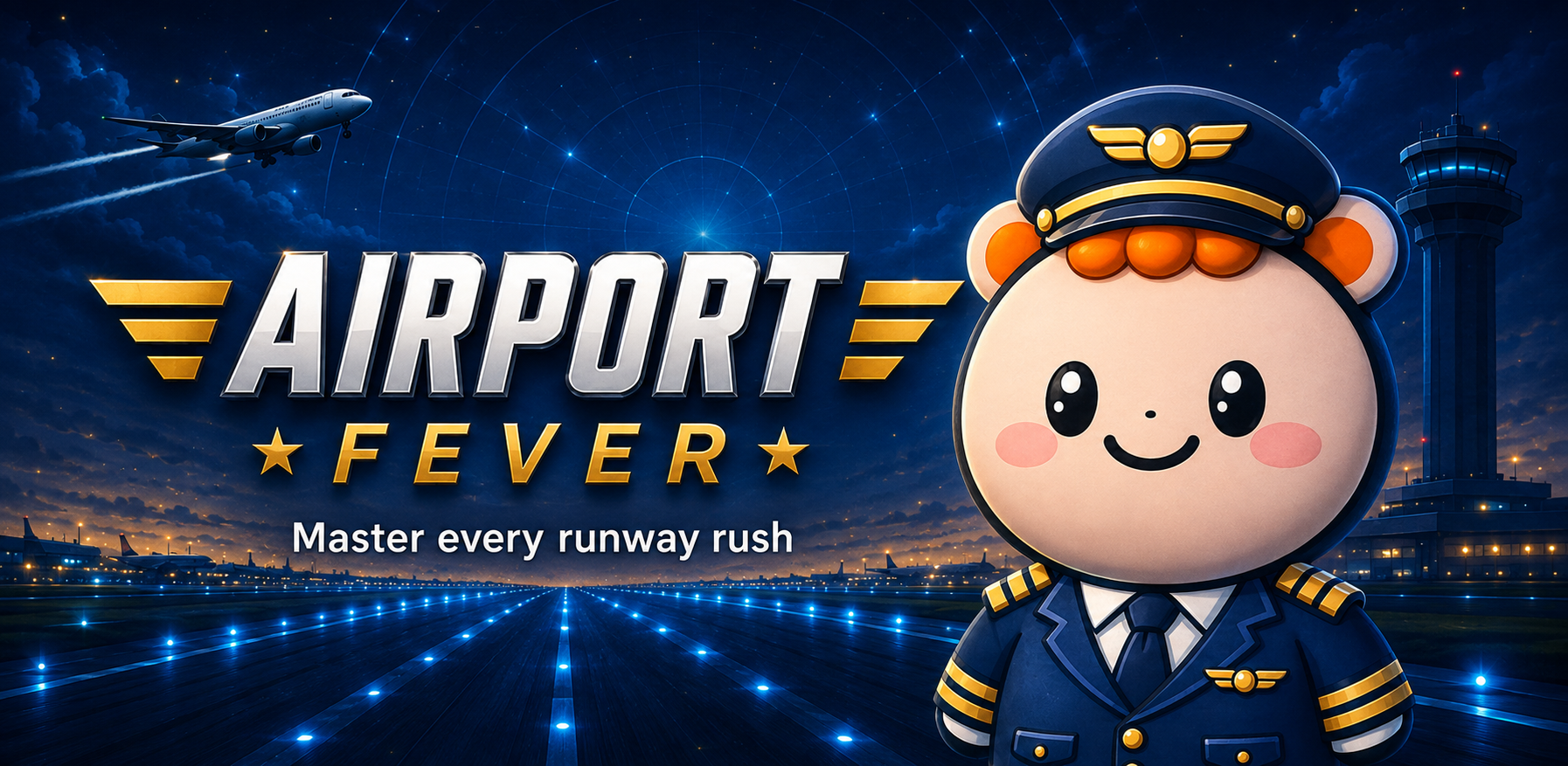 Airport Fever logo with the updated game mascot at an illuminated runway