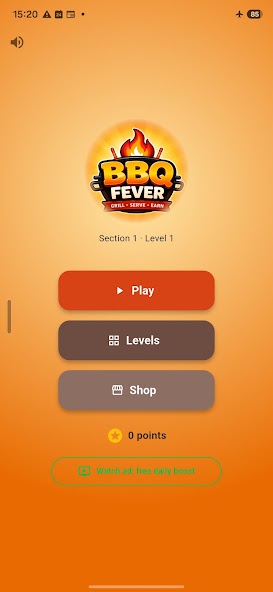 BBQ Fever level menu screen with Play, Levels, and Shop buttons