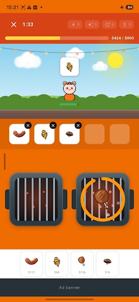 BBQ Fever gameplay screenshot showing the grill in action with orders and a timer