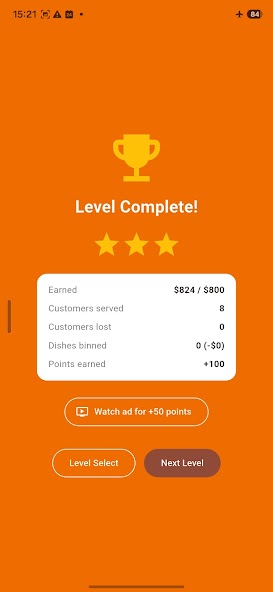 BBQ Fever level complete screen showing earnings, customers served, and points earned