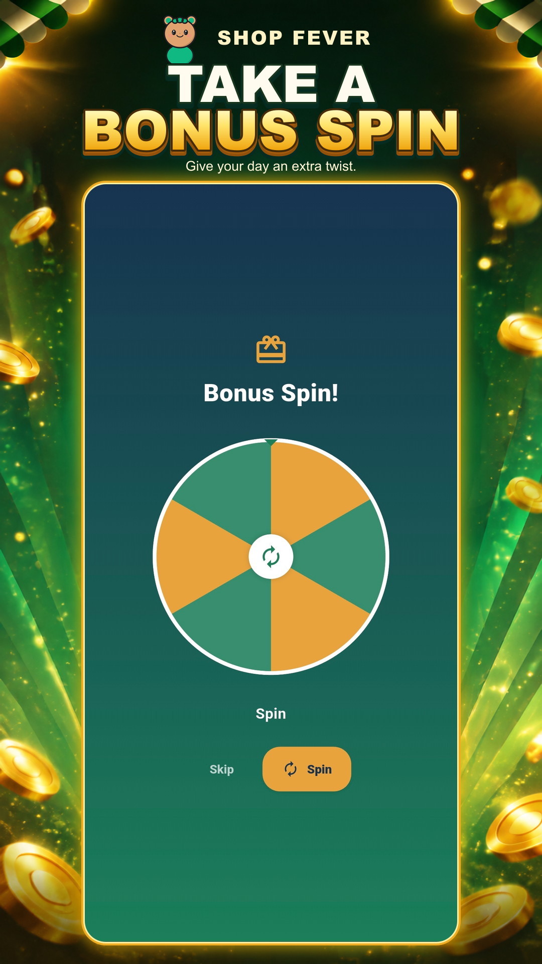 Shop Fever bonus spin screen with a green and gold prize wheel