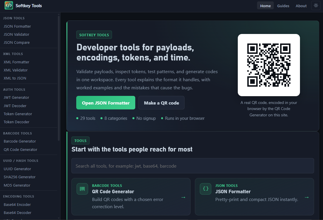 Softkey Tools interface showing the dashboard with developer tools and a QR code generator