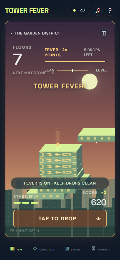 Tower Fever gameplay screen with Tower Fever active for double points