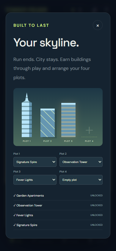 Tower Fever skyline screen showing unlocked cosmetic buildings