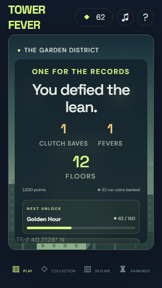 Tower Fever results screen showing floors climbed, clutch saves, and fevers